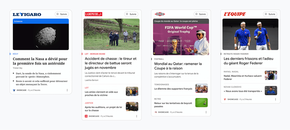 Différents templates disponibles sur Google Showcase : Le Figaro, la Dépêche du Midi, Libération et l'Equipe.