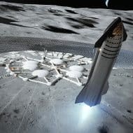 Vision d'artiste d'une fusée se posant sur la Lune.
