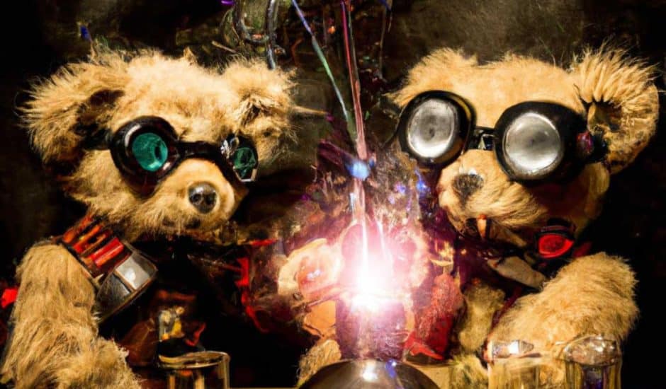 Des ours en peluche mélangent des produits chimiques déguisés en scientifiques fous dans un style steampunk