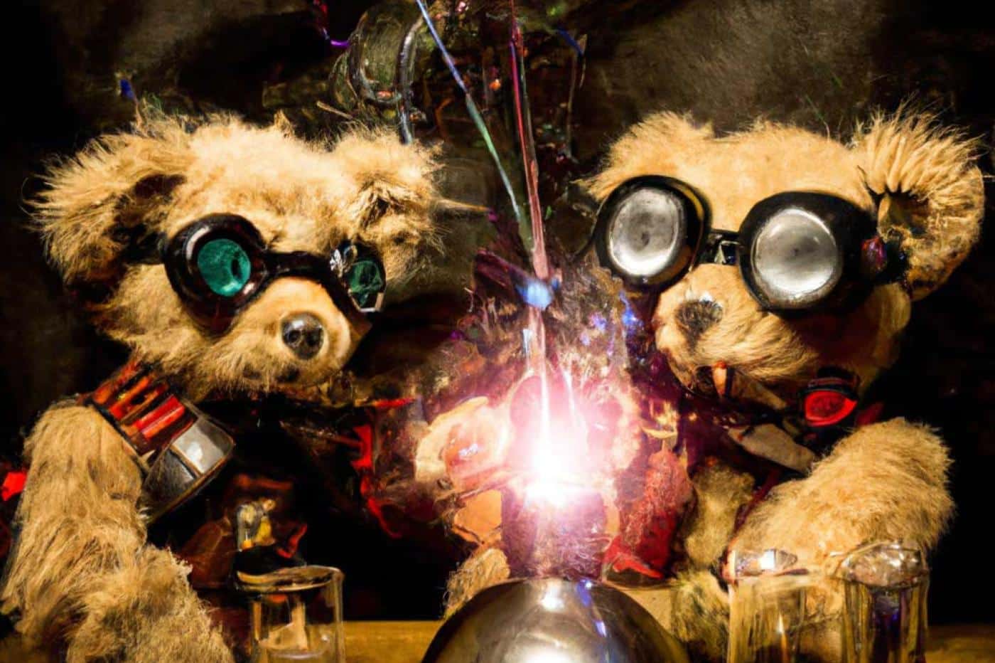 Des ours en peluche mélangent des produits chimiques déguisés en scientifiques fous dans un style steampunk