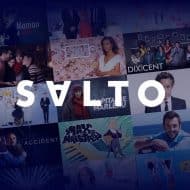 Logo du service de streaming Salto avec plusieurs icônes d'émissions et de séries en arrière plan.