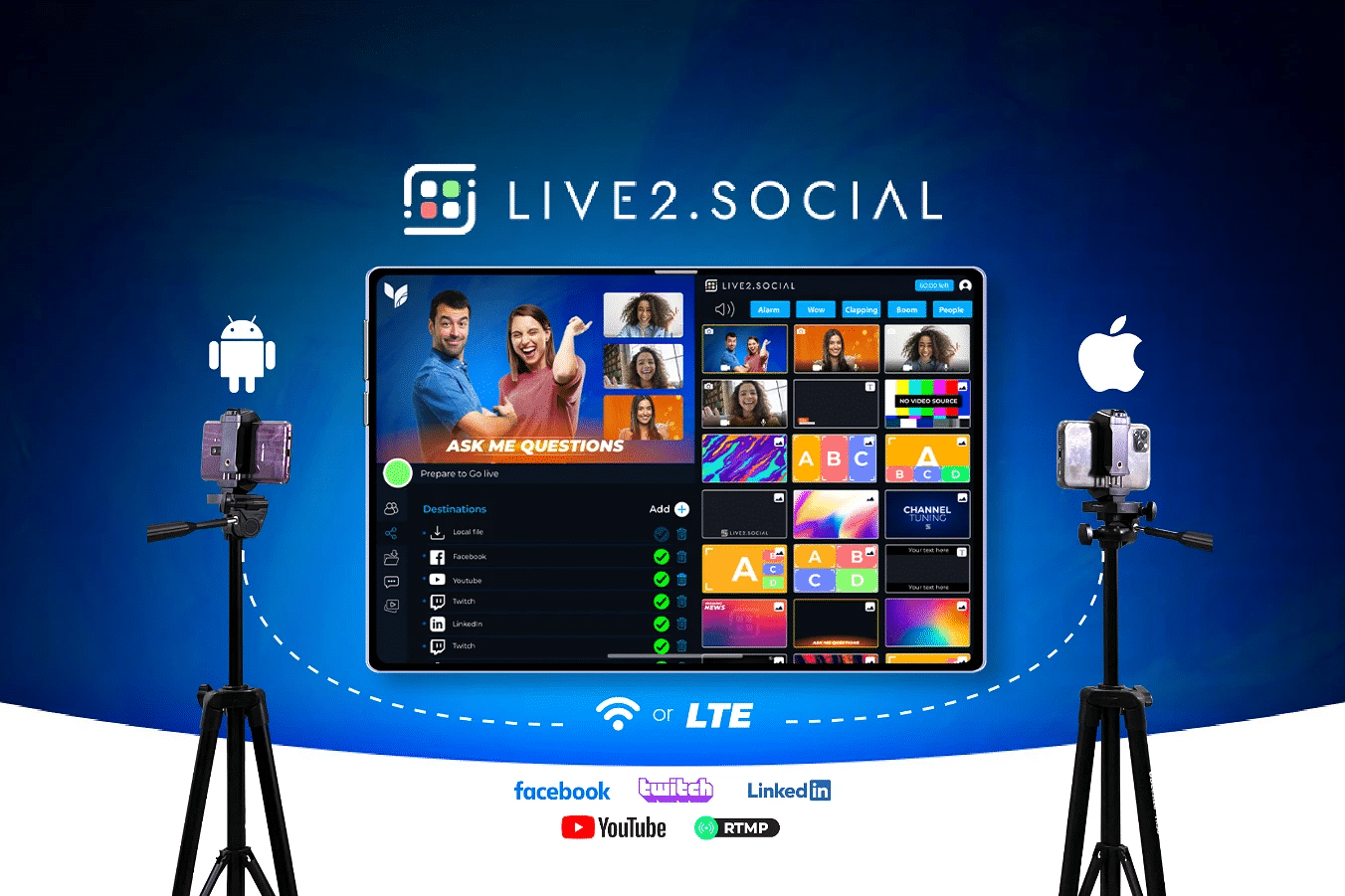 illustration de l'application live2.social sur une tablette, une caméra à gauche et à droite
