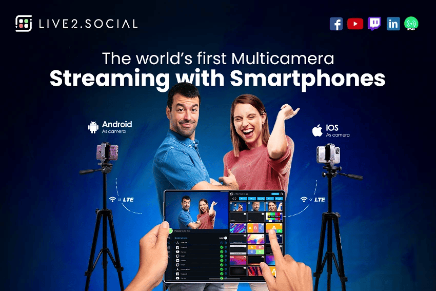 illustration de l'application live2.social sur une tablette,  un homme et une femme derrière celle-ci,une caméra à gauche et à droite
