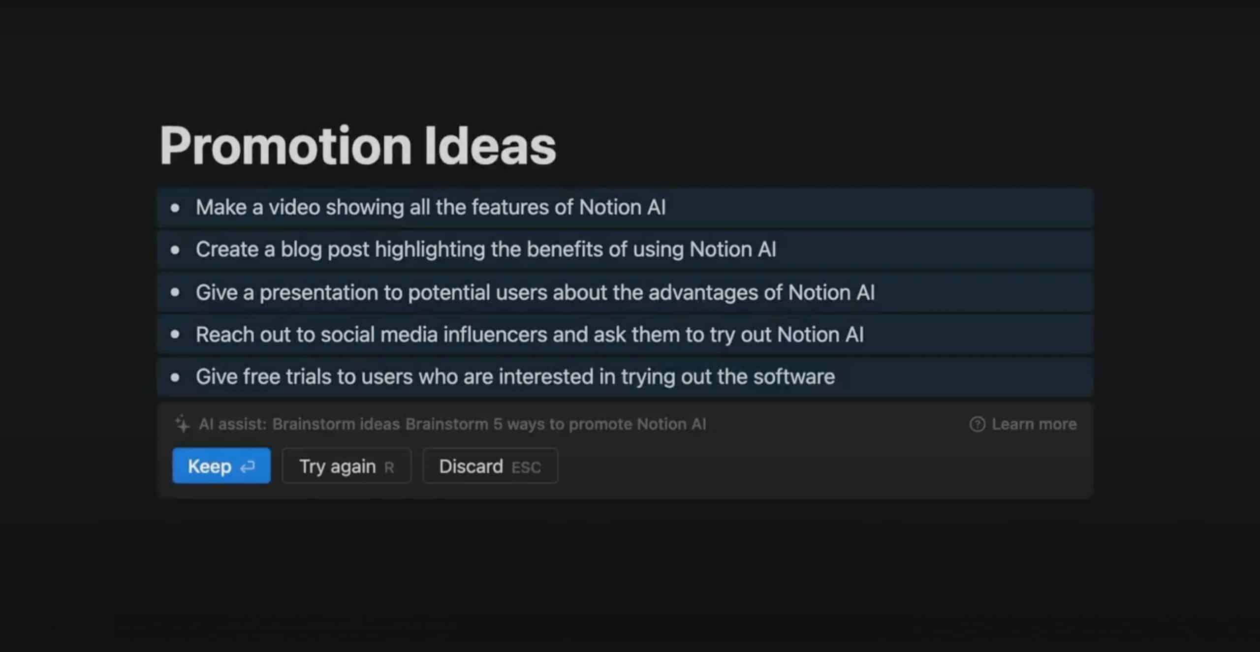 An example of suggestions made by Notion AI.