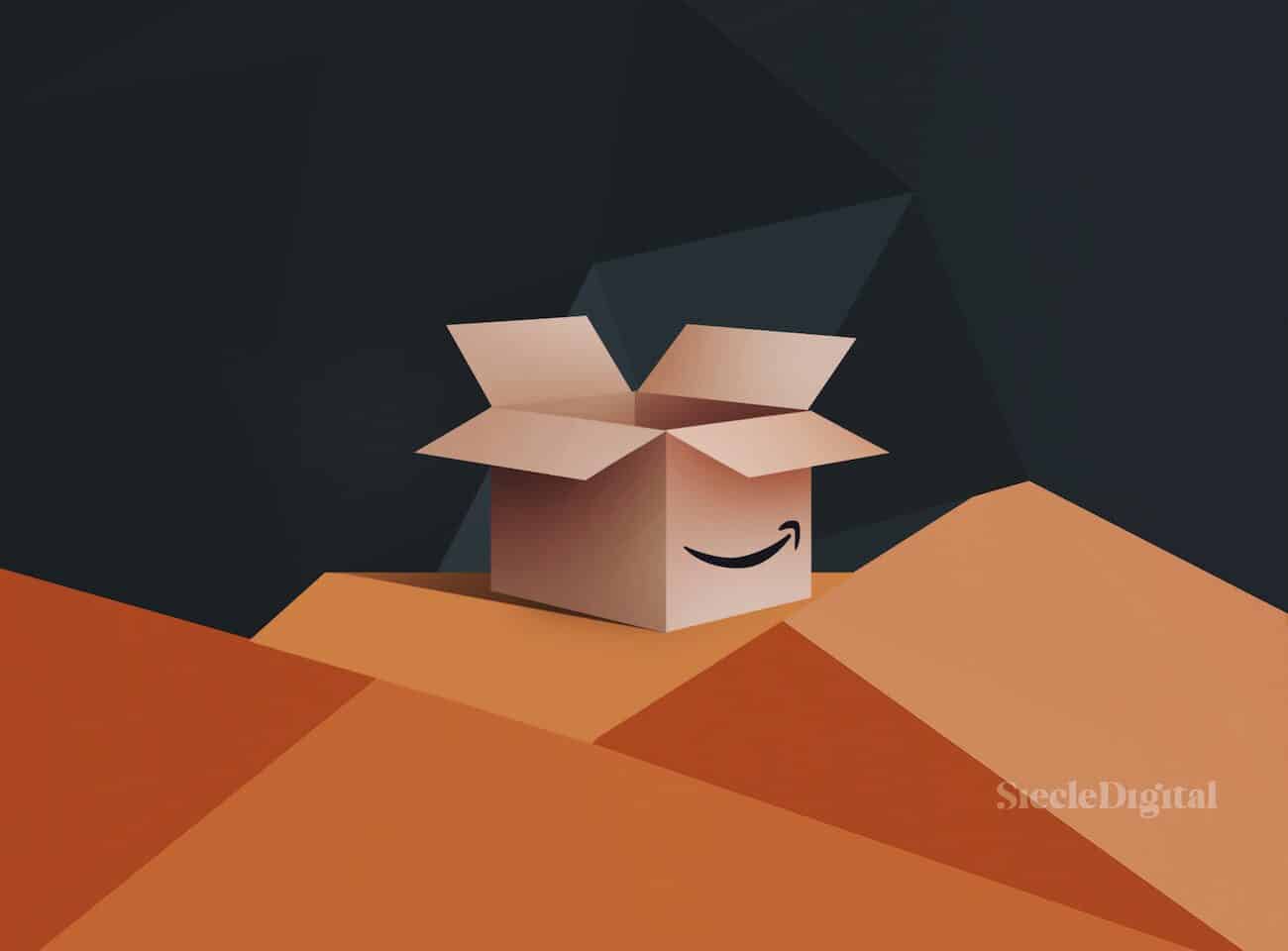 Illustration du logo d'Amazon sur un colis ouvert