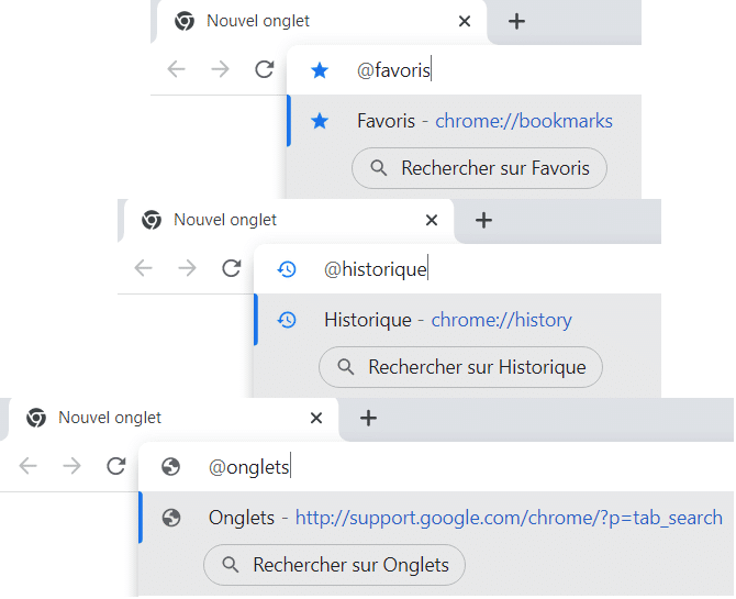 Trois barres de recherche Google Chrome avec trois raccourcis différents.
