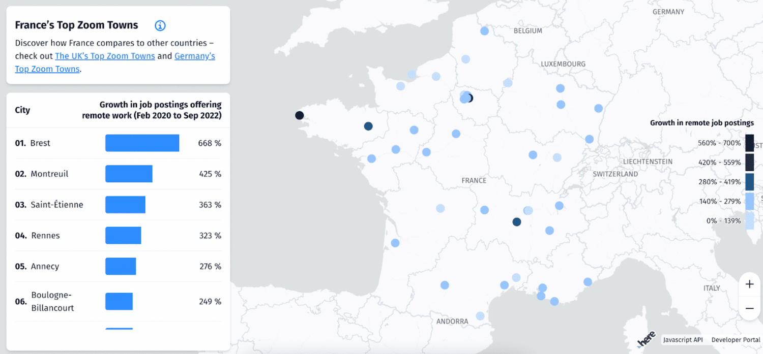 Carte de la France mettant en évidence les villes où les offres de travail à distance sont les plus nombreuses.