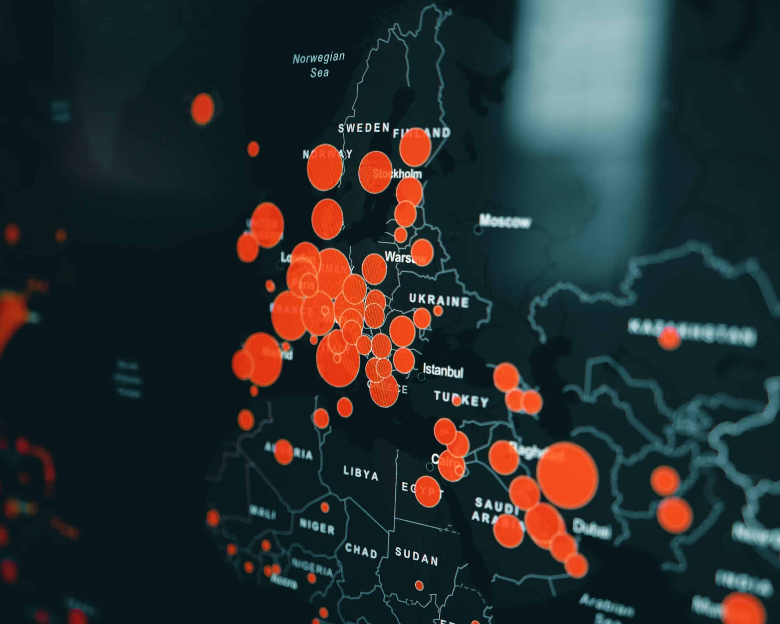 Une carte montrant les taux d'infection au Covid-19 en Europe.