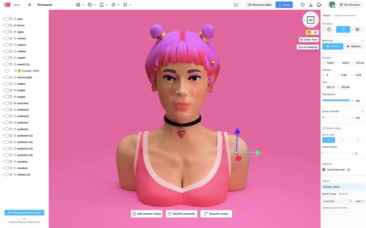 interface de womp avec un projet 3D ouvert (buste de femme)