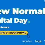 illustration événement cybercité "new normal digital day" sur fond bleu avec bouton d'inscription jaune