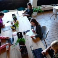une équipe de femmes en réunion sur des ordinateurs, plantes sur les tables