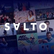 Logo du service de streaming Salto avec plusieurs icônes d'émissions et de séries en arrière-plan.