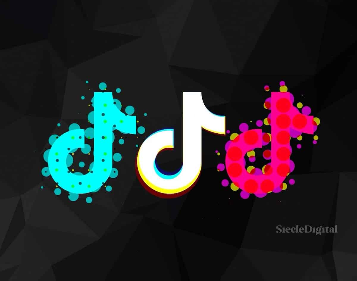Illustration artistique du logo TikTok en trois couleurs.