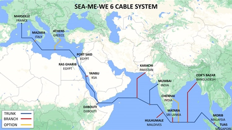 Une carte du monde présentant le parcours du câble South East Asia-Middle East-West Europe 6.