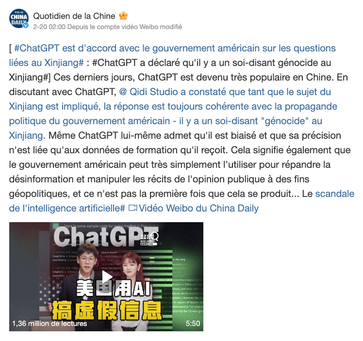 Post du Daily China sur Weibo le 20 février, traduit par Google traduction