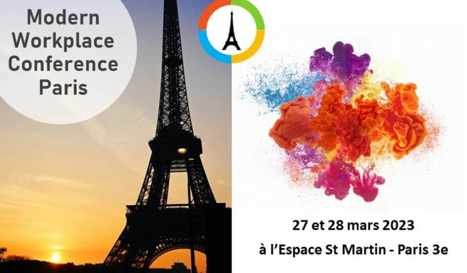 une image de tour Eiffel avec des couleurs abstraites et la mention "modern workplace conference paris"