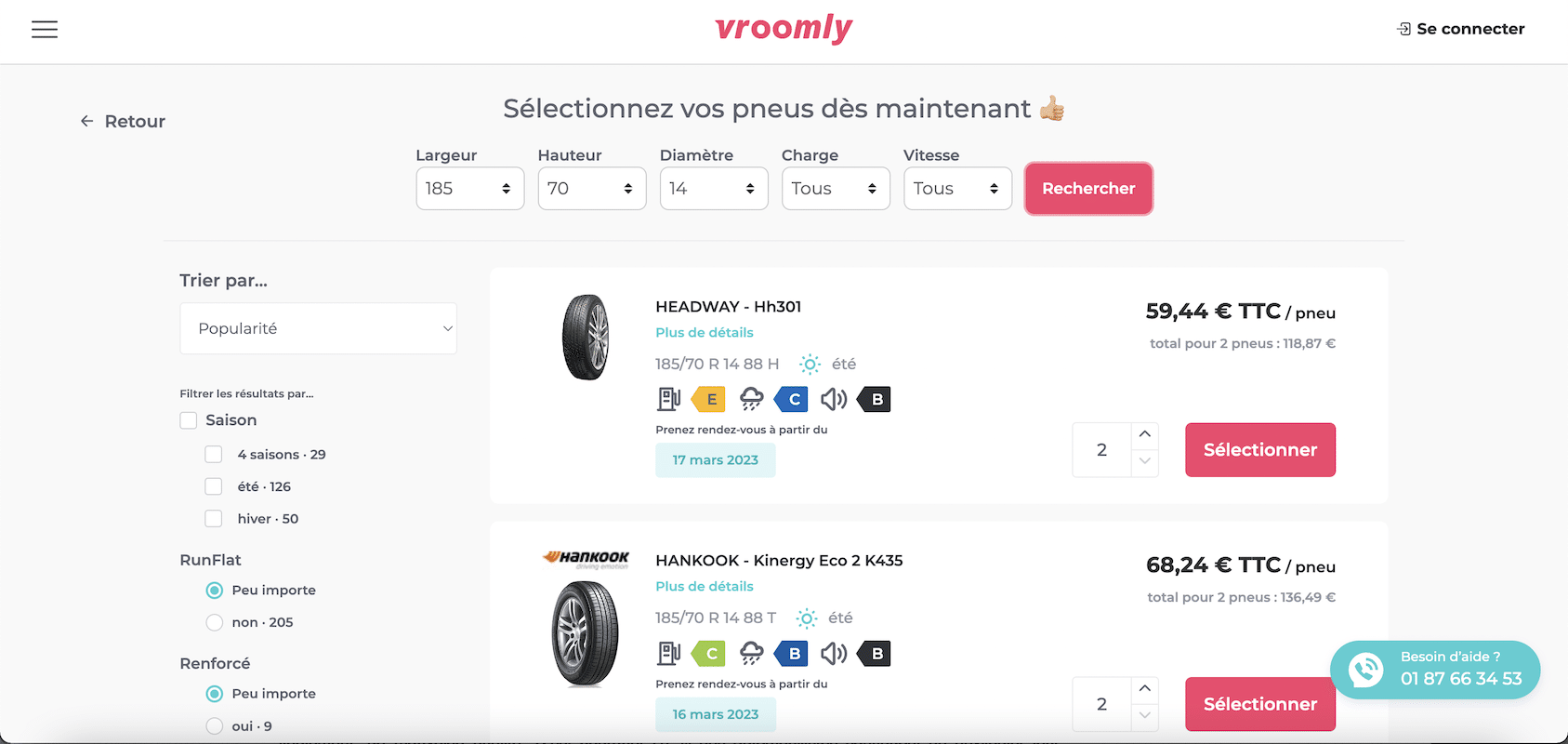 capture d'écran de la plateforme de vroomly avec différents pneus disponibles à l'achat