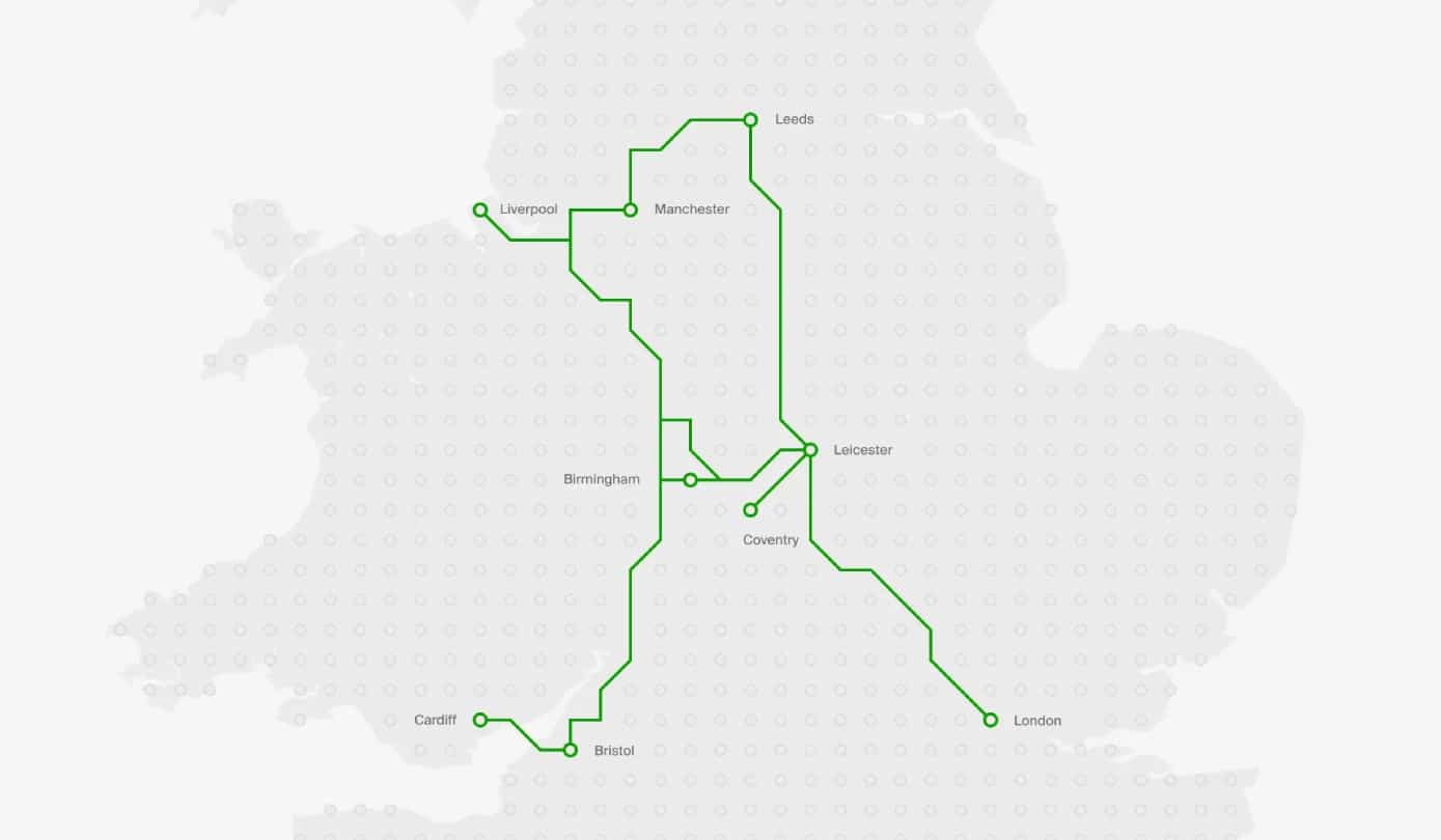La carte du déploiement d'Einride au Royaume-Uni.