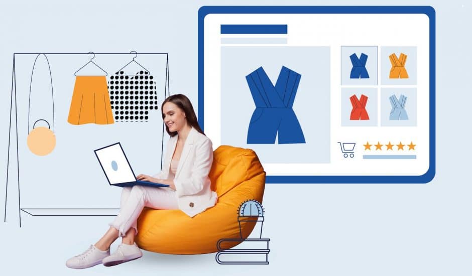 une femme en train de faire du shopping sur un ordinateur. Une illustration d'un écran avec des vêtements derrière elle