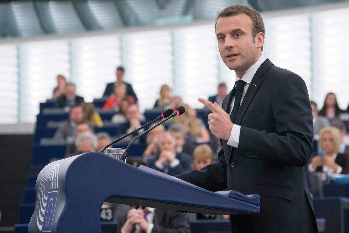 Emmanuel Macron qui s'adresse au Parlement européen.