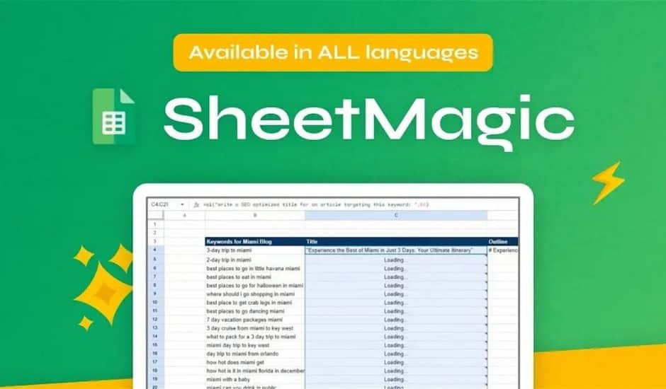une page google sheet sur un fond vert avec l'inscription "sheetmagic)