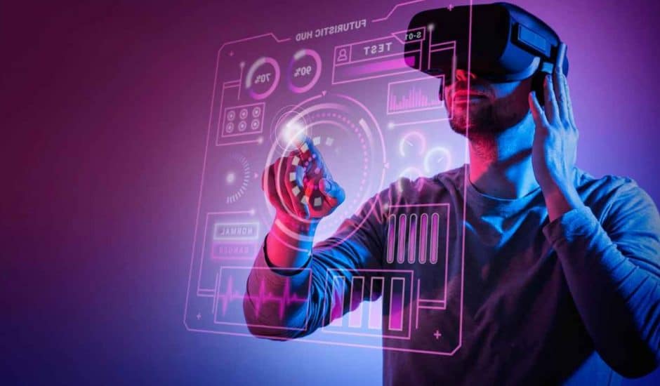 Illustration d'un homme portant un casque de réalité virtuelle utilisant une interface virtuelle