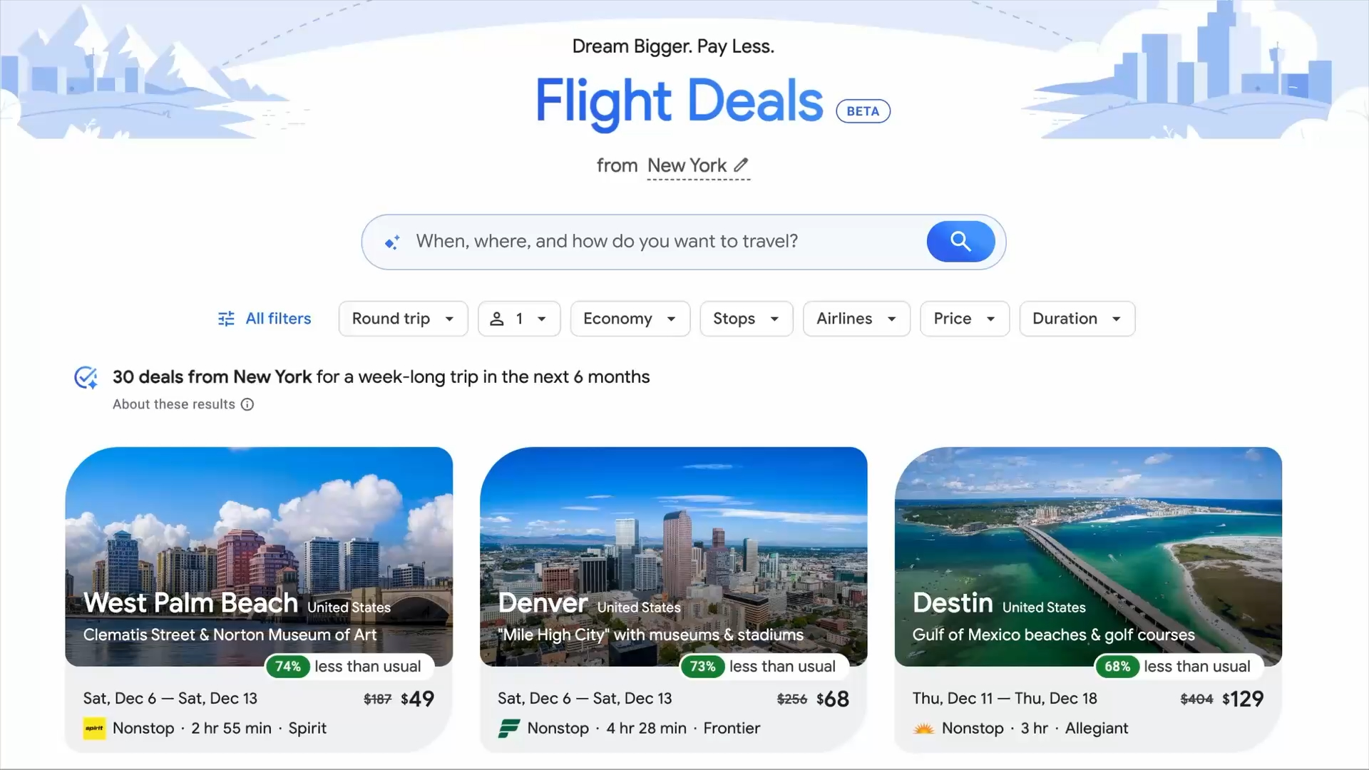 Un aperçu de Flight Deals - Source&nbsp: Google