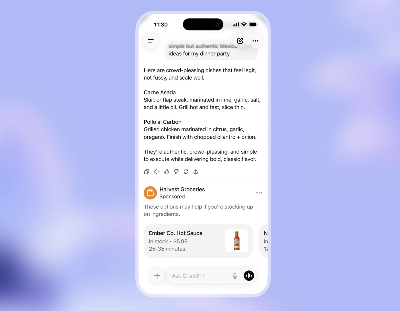 Exemple de publicité sur ChatGPT - Source: OpenAI